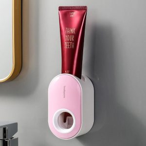 Bathroom Supplies | Automatic Toothpaste Squeezer, Wall Mounted Toothpaste Dispenser, Toothbrush Holder, Bathroom Accessories – Pink + White Bathroom Supplies Bathroom Supplies