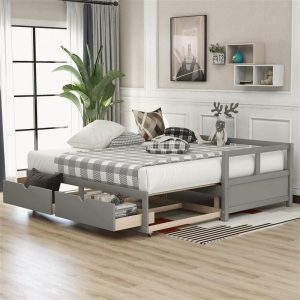 Beds & Accessories | 78.2″ Twin Size Wooden Daybed with Trundle Bed and 2 Storage Drawers, No Need for Spring Box, for Living Room, Bedroom, Office, Apartment – Gray Beds & Accessories Beds & Accessories