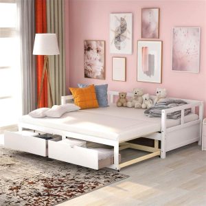 Beds & Accessories | 78.2″ Twin Size Wooden Daybed with Trundle Bed and 2 Storage Drawers, No Need for Spring Box, for Living Room, Bedroom, Office, Apartment – White Beds & Accessories Beds & Accessories