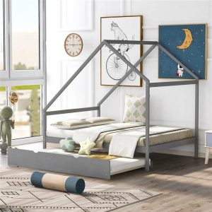 Beds & Accessories | Full Size House-shaped Platform Bed Frame with Twin Size Trundle, and Wooden Slats Support, No Box Spring Needed (Only Frame) – Gray Beds & Accessories Beds & Accessories