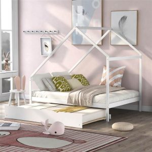 Beds & Accessories | Full Size House-shaped Platform Bed Frame with Twin Size Trundle, and Wooden Slats Support, No Box Spring Needed (Only Frame) – White Beds & Accessories Beds & Accessories