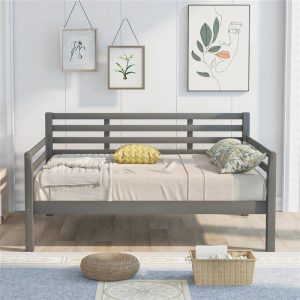 Beds & Accessories | Full-Size Wooden Daybed Frame with Guardrail and Wooden Slat Support – Gray Beds & Accessories Beds & Accessories