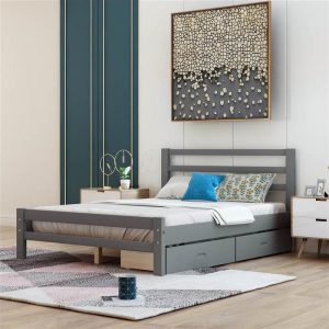 Beds & Accessories | Full-Size Wooden Platform Bed Frame with 2 Storage Drawers and Wooden Slats Support – Gray Beds & Accessories Beds & Accessories