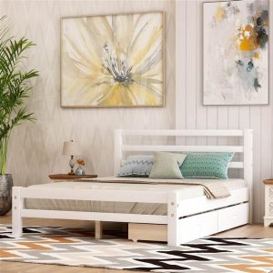 Beds & Accessories | Full-Size Wooden Platform Bed Frame with 2 Storage Drawers and Wooden Slats Support – White Beds & Accessories Beds & Accessories