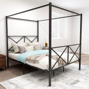 Beds & Accessories | Queen Size Canopy Platform Bed Frame with X-Shaped Frame and Metal Slats Support, No Box Spring Needed (Only Frame) – Black Beds & Accessories Beds & Accessories