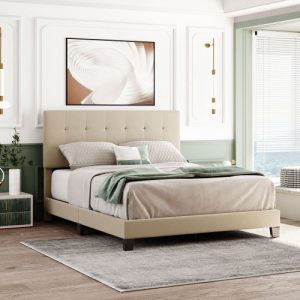 Beds & Accessories | Queen-Size Linen Fabric Upholstered Platform Bed Frame with Tufted Headboard and Wooden Slats Support, Box Spring Needed (Only Frame) – Beige Beds & Accessories Beds & Accessories