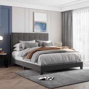 Beds & Accessories | Queen-Size Linen Fabric Upholstered Platform Bed Frame with Tufted Headboard and Wooden Slats Support, Box Spring Needed (Only Frame) – Gray Beds & Accessories Beds & Accessories