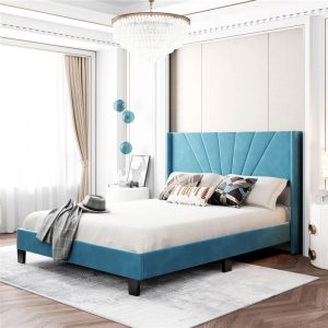 Beds & Accessories | Queen-Size Velvet Upholstered Platform Bed Frame with Headboard and Wooden Slat Support – Blue Beds & Accessories Beds & Accessories