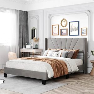 Beds & Accessories | Queen-Size Velvet Upholstered Platform Bed Frame with Headboard and Wooden Slat Support – Gray Beds & Accessories Beds & Accessories