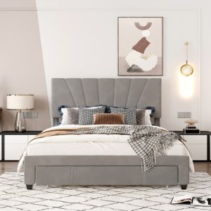 Beds & Accessories | Queen-Size Velvet Upholstered Platform Bed Frame with Storage Drawer and Wooden Slat Support – Gray Beds & Accessories Beds & Accessories