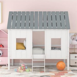 Beds & Accessories | Twin-Size House-shaped Loft Bed Frame with Roof, 2 Front Windows, and Wooden Slats Support, for Kids, Teens, Boys, Girls (Frame Only) – White Beds & Accessories Beds & Accessories