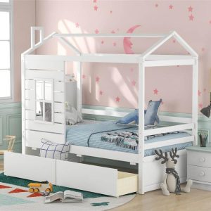 Beds & Accessories | Twin Size House-shaped Platform Bed Frame with 2 Storage Drawers and Wooden Slats Support, No Box Spring Needed (Only Frame) – White Beds & Accessories Beds & Accessories