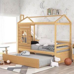 Beds & Accessories | Twin Size House-shaped Platform Bed Frame with Twin Size Trundle and Wooden Slats Support, No Box Spring Needed (Only Frame) – Natural Beds & Accessories Beds & Accessories