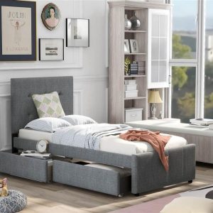 Beds & Accessories | Twin-Size Linen Upholstered Platform Bed Frame with 2 Storage Drawers, Headboard and Wooden Slats Support, No Box Spring Needed (Only Frame) – Gray Beds & Accessories Beds & Accessories