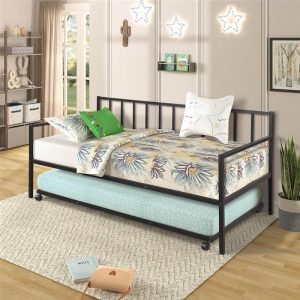 Beds & Accessories | Twin Size Metal Daybed Frame with Trundle Bed and Metal Slats Support, No Need for Spring Box, for Living Room, Bedroom, Office, Apartment – Black Beds & Accessories Beds & Accessories