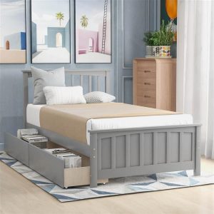 Beds & Accessories | Twin-Size Platform Bed Frame with 2 Storage Drawers, Headboard and Wooden Slats Support, No Box Spring Needed (Only Frame) – Gray Beds & Accessories Beds & Accessories