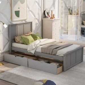 Beds & Accessories | Twin-Size Platform Bed Frame with 2 Storage Drawers, Headboard and Wooden Slats Support, No Box Spring Needed (Only Frame) – Gray Beds & Accessories Beds & Accessories