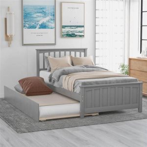 Beds & Accessories | Twin-Size Platform Bed Frame with Trundle Bed, Headboard and Wooden Slats Support, No Box Spring Needed (Only Frame) – Gray Beds & Accessories Beds & Accessories