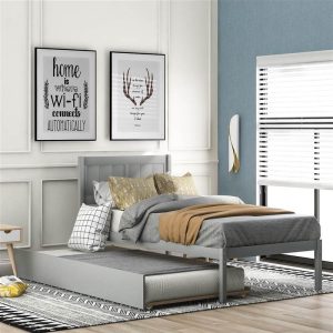 Beds & Accessories | Twin-Size Platform Bed Frame with Trundle Bed, Headboard and Wooden Slats Support, No Box Spring Needed (Only Frame) – Gray Beds & Accessories Beds & Accessories