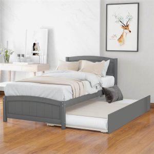 Beds & Accessories | Twin-Size Platform Bed Frame with Trundle Bed, Headboard, and Wooden Slats Support, No Box Spring Needed (Only Frame) – Gray Beds & Accessories Beds & Accessories