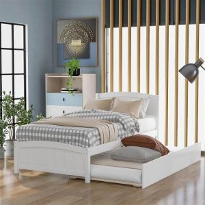 Beds & Accessories | Twin-Size Platform Bed Frame with Trundle Bed, Headboard, and Wooden Slats Support, No Box Spring Needed (Only Frame) – White Beds & Accessories Beds & Accessories