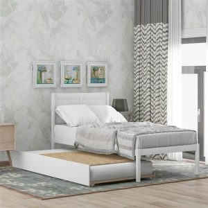 Beds & Accessories | Twin-Size Platform Bed Frame with Trundle Bed, Headboard and Wooden Slats Support, No Box Spring Needed (Only Frame) – White Beds & Accessories Beds & Accessories