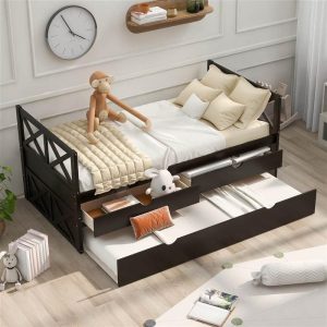 Beds & Accessories | Twin Size Wooden Bed Frame with Storage Drawers and Trundle Bed Suitable for Family with Multiple Children – Espresso Beds & Accessories Beds & Accessories