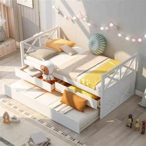 Beds & Accessories | Twin Size Wooden Bed Frame with Storage Drawers and Trundle Bed Suitable for Family with Multiple Children – White Beds & Accessories Beds & Accessories