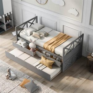 Beds & Accessories | Twin Size Wooden Daybed Frame with Storage Drawers and Trundle Bed Suitable for Family with Multiple Children – Gray Beds & Accessories Beds & Accessories