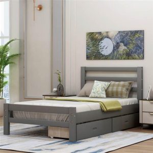 Beds & Accessories | Twin-Size Wooden Platform Bed Frame with 2 Storage Drawers and Wooden Slats Support – Gray Beds & Accessories Beds & Accessories