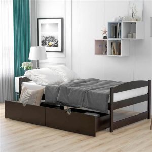 Beds & Accessories | Twin Size Wooden Platform Bed Frame with 2 Storage Drawers, and Wooden Slats Support, No Spring Box Required – Espresso Beds & Accessories Beds & Accessories