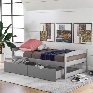 Beds & Accessories | Twin Size Wooden Platform Bed Frame with 2 Storage Drawers, and Wooden Slats Support, No Spring Box Required – Gray Beds & Accessories Beds & Accessories