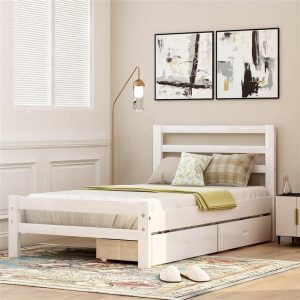 Beds & Accessories | Twin-Size Wooden Platform Bed Frame with 2 Storage Drawers and Wooden Slats Support – White Beds & Accessories Beds & Accessories