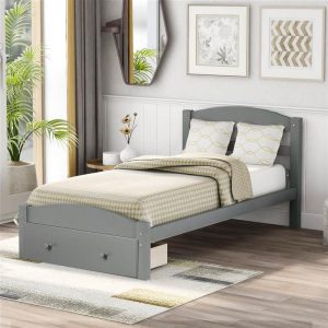 Beds & Accessories | Twin Size Wooden Platform Bed Frame with Storage Drawer, and Wooden Slats Support, No Spring Box Required (Frame Only) – Gray Beds & Accessories Beds & Accessories