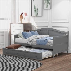 Beds & Accessories | Twin-Size Wooden Platform Daybed Frame with Trundle Bed and Wooden Slats Support – Gray Beds & Accessories Beds & Accessories