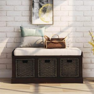 Cabinets & Storage | TREXM 43.7″ Rustic Style Wooden Storage Bench with 3 Removable Rattan Basket, for Entrance, Hallway, Bedroom – Espresso Cabinets & Storage Cabinets & Storage