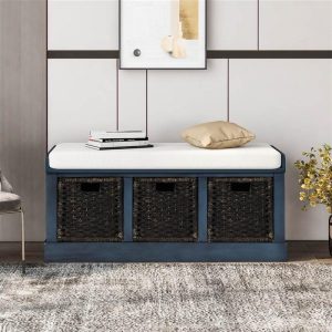 Cabinets & Storage | TREXM 43.7″ Rustic Style Wooden Storage Bench with 3 Removable Rattan Basket, for Entrance, Hallway, Bedroom – Navy Cabinets & Storage Cabinets & Storage