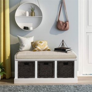 Cabinets & Storage | TREXM 43.7″ Rustic Style Wooden Storage Bench with 3 Removable Rattan Basket, for Entrance, Hallway, Bedroom – White Cabinets & Storage Cabinets & Storage