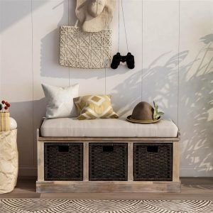 Cabinets & Storage | TREXM 43.7″ Rustic Style Wooden Storage Bench with 3 Removable Rattan Basket, for Entrance, Hallway, Bedroom – White Washed Cabinets & Storage Cabinets & Storage