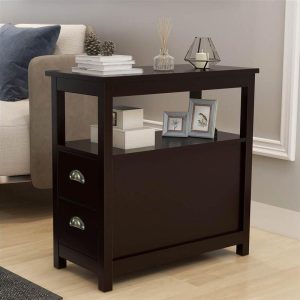 Cabinets & Storage | Wooden Narrow Nightstand with 2 Storage Drawers and Open Shelf, for Living room, Bedroom, Kitchen, Dining Room – Brown Furniture Brown