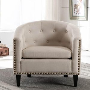 Chairs | 1-Seat Linen Sofa with Wooden Frame and Curved Backrest for Living Room, Bedroom, Office, Apartment – Beige Linen – Beige Chairs Beige