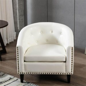 Chairs | 1-Seat PU Leather Sofa with Wooden Frame and Curved Backrest for Living Room, Bedroom, Office, Apartment – White PU Leather – White Chairs Chairs