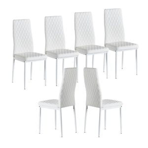 Chairs | Diamond Grid Pattern Fire-retardant Leather Armless Chair Set of 6, Sprayed Metal Pipe Legs for Kitchen, Living Room, Office, Bedroom – White Chairs Chairs