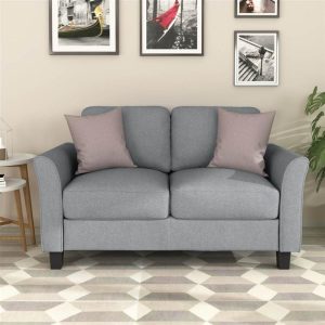 Furniture | 2-Seat Linen Fabric Sofa with Wooden Frame and Plastic Feet, for Living Room, Bedroom, Office, Apartment – Gray Furniture Furniture