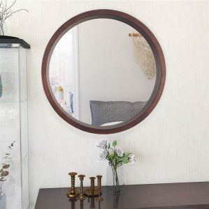 Furniture | 24″ Round Wall-mounted Mirror with Wood Frame, for Bathroom, Bedroom, Entrance, Powder Room – Brown Furniture Brown