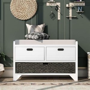 Furniture | TREXM 32″ Linen Blend Storage Bench with Removable Basket and 2 Drawers, for Entrance, Hallway, Bedroom – White Furniture Furniture