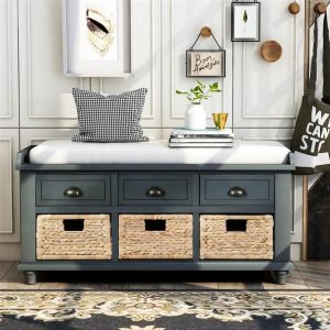 Furniture | TREXM 42.1″ Rustic Style Storage Bench with 3 Drawers, 3 Rattan Baskets, and Removable Cushion, for Entrance, Hallway, Bedroom, Living Room – Antique Navy Furniture Antique Navy