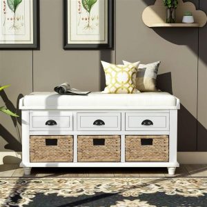 Furniture | TREXM 42.1″ Rustic Style Storage Bench with 3 Drawers, 3 Rattan Baskets, and Removable Cushion, for Entrance, Hallway, Bedroom, Living Room – White Furniture Furniture