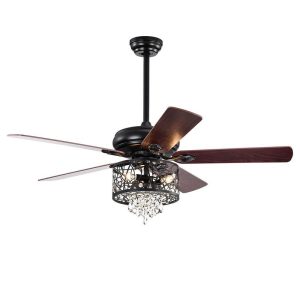 Household Appliances | 52 inch Crystal Ceiling Fan with Light and Remote Control, 3 Wind Speed, 4 Level Timer, 5 Fan Blades, Silent Motor – Black Household Appliances Black