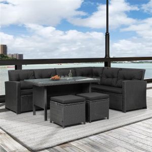 Outdoor Furniture | TOPMAX 6 Pieces Outdoor Rattan Furniture Set, Including Corner Sofa, 2 Loveseats, 2 Ottomans, Coffee Table, and 12 Cushions, for Garden, Terrace, Porch, Poolside – Black Furniture Black